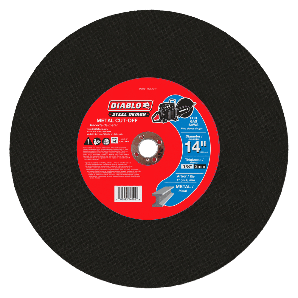 The round, black metal cut-off disc features a red label with the Diablo Steel Demon brand. Engineered for industrial use, it has a 14-inch diameter and 1/8-inch thickness, incorporating a premium ceramic blend for optimal metal cutting. Model: DIABLO DBDS14125A01F.